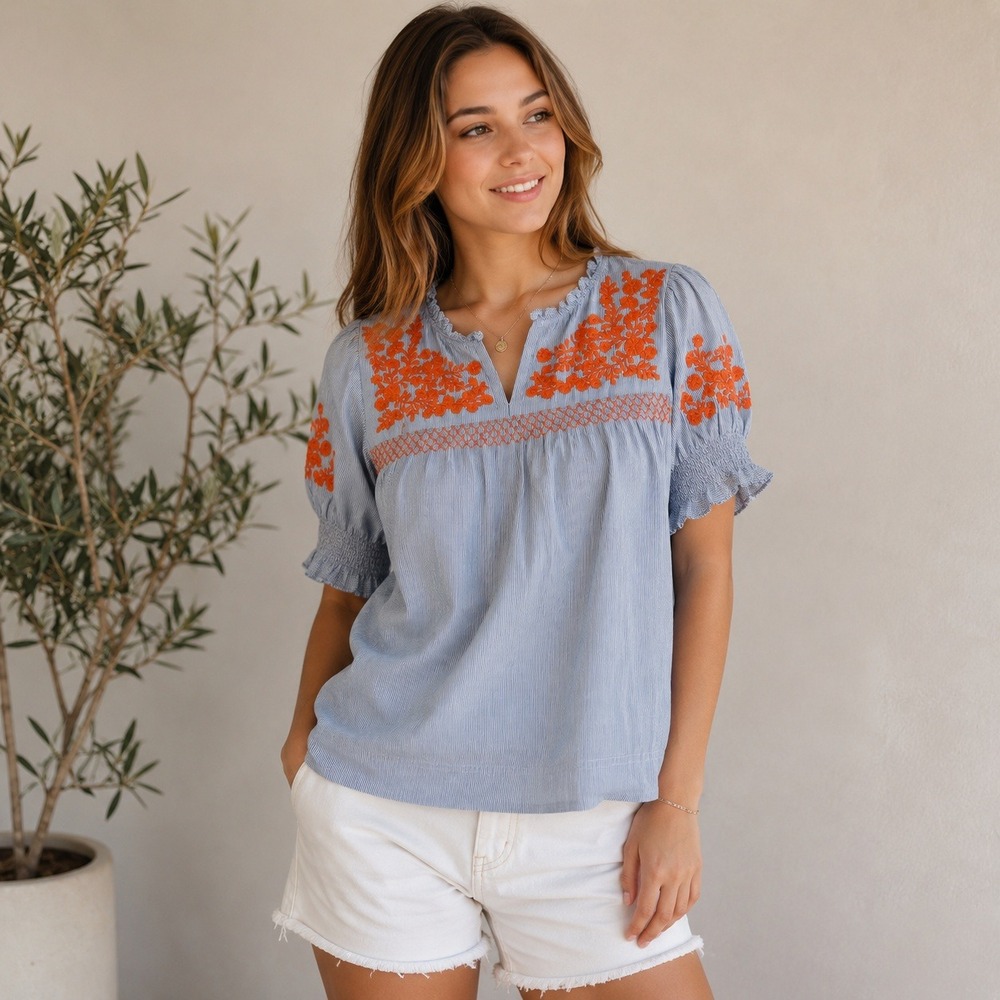 Light Blue Button-Down Top with Orange Floral Embroidery